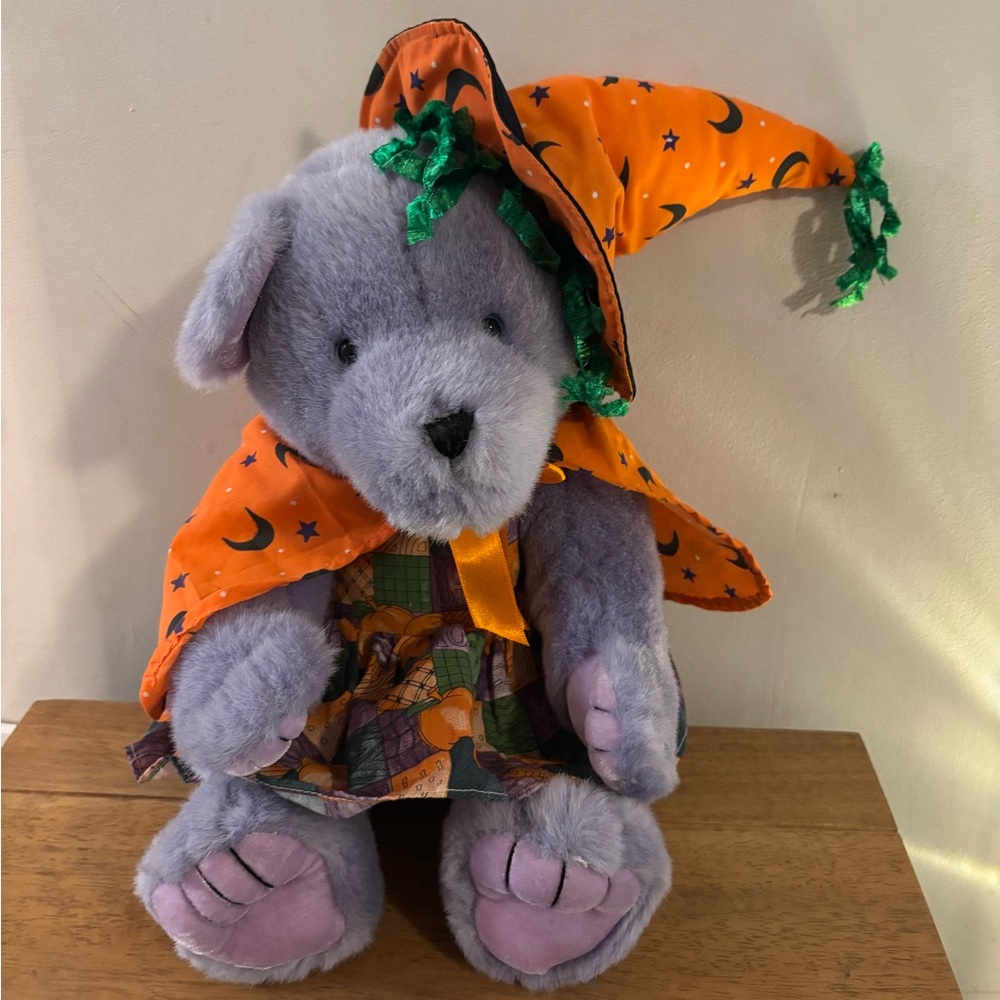 Sugar Loaf Vintage Halloween Purple Teddy Bear with Orange Witch Hat